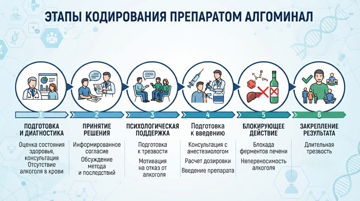 Инфографика: Этапы кодирования препаратом Алгоминал
